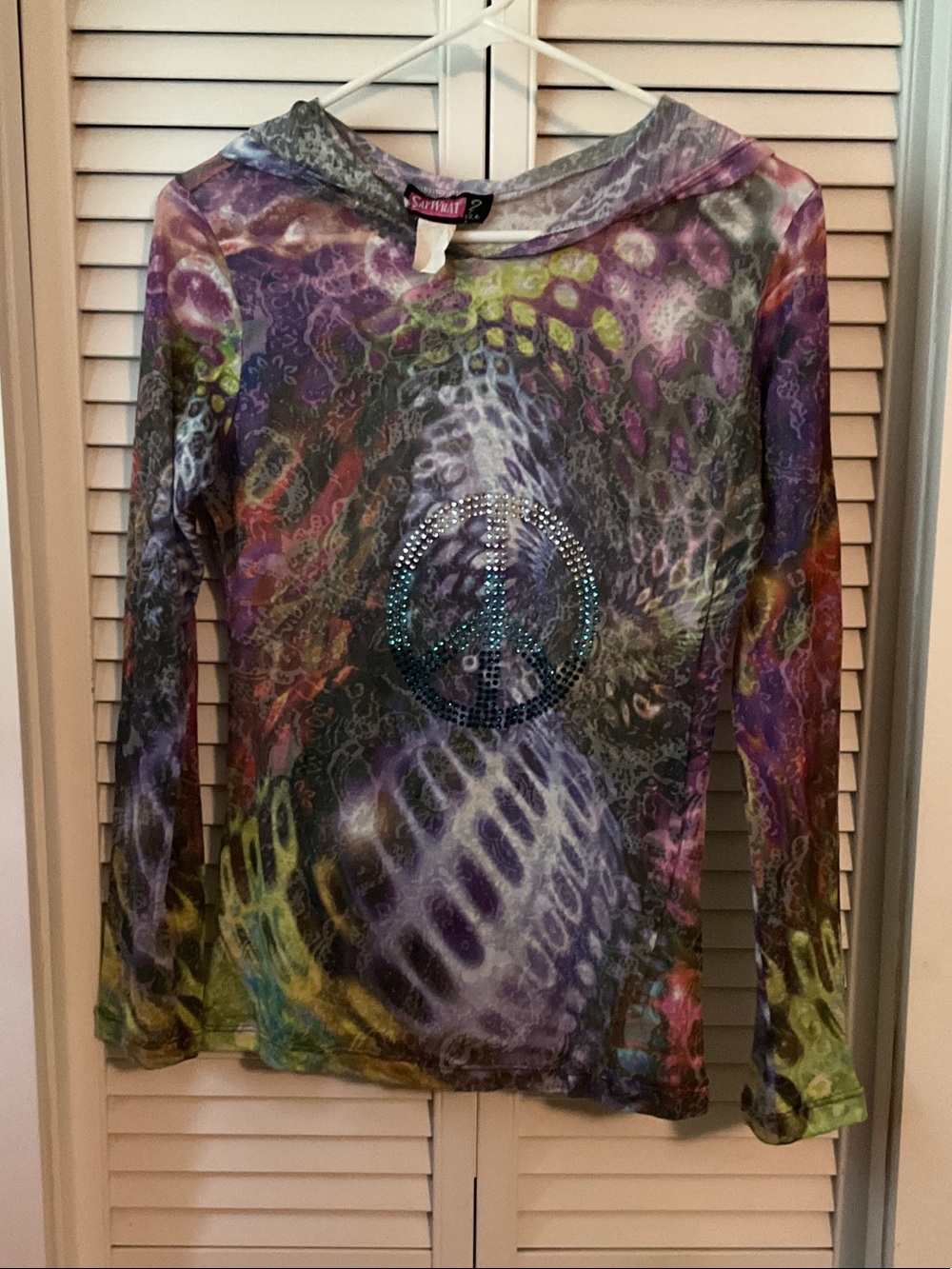Say What? Multicolor Rhinestone Peace Sign Hoodie Top - Purple, Green, Yellow